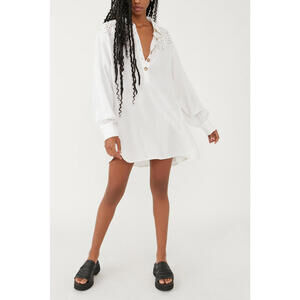 Free People - White Long Sleeve Casual Shirt Dress with Eyelet Detailing, Size L